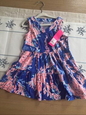 Blue & Coral Sleeveless Tiered Summer Dress